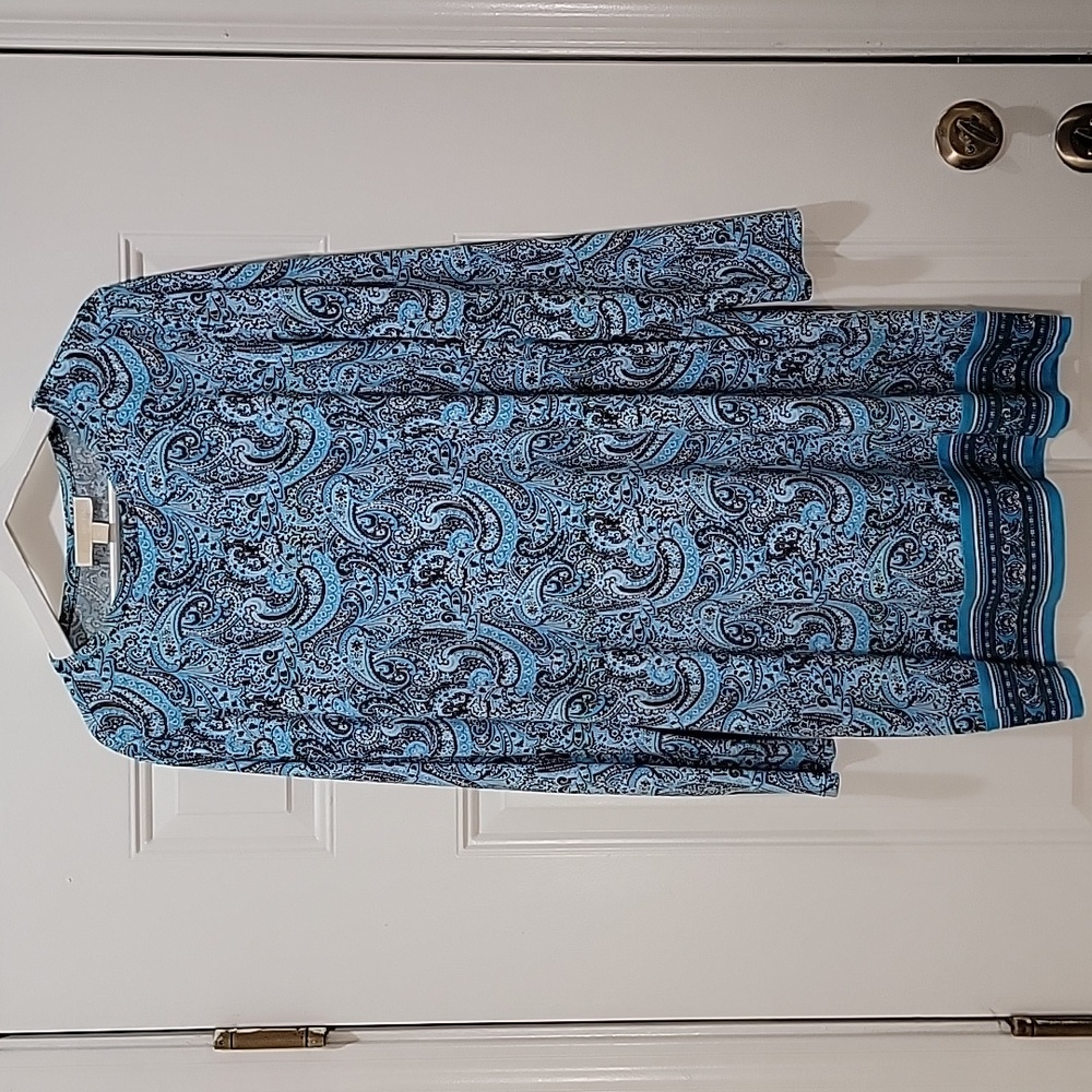 Michael Kors Shirt Dress Teal Long Sleeve Stretch White Paisley Print Size XL